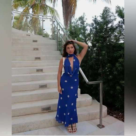 Zara Blue Polka Dot Halter Dress scarf open back maxi long evening party  wedding